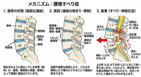変性すべり症のメカニズムの図解