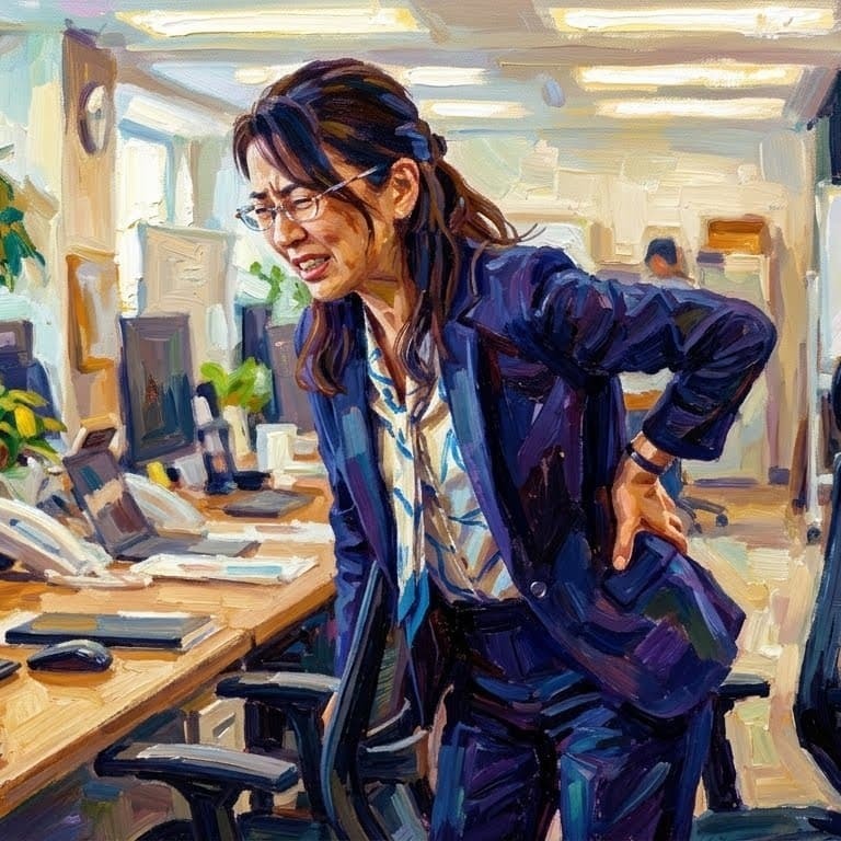 腰椎椎間板症で辛そうに立ち上がる女性
