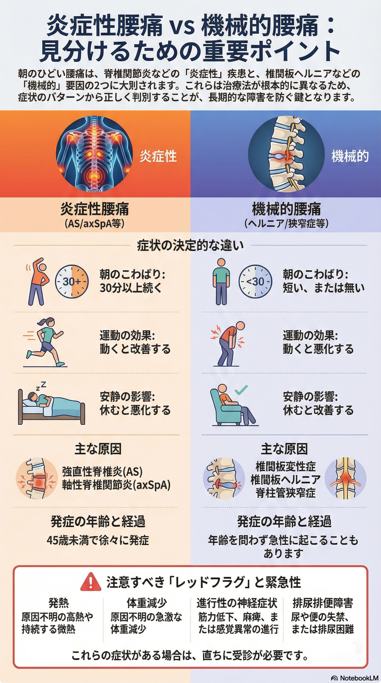 腰痛で寝起きに立ち上がれない時の、炎症性腰痛と機械的腰痛の見分け方