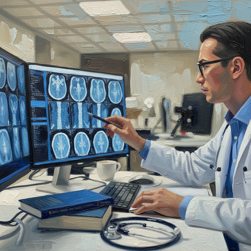 頚椎のMRI所見を見る医師