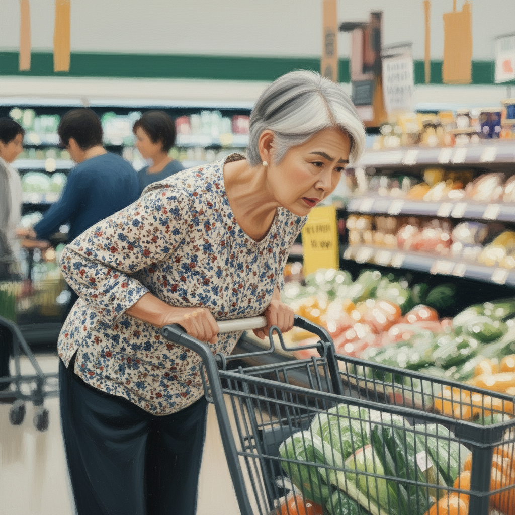 腰部脊柱管狭窄症の高齢者がカートを押している