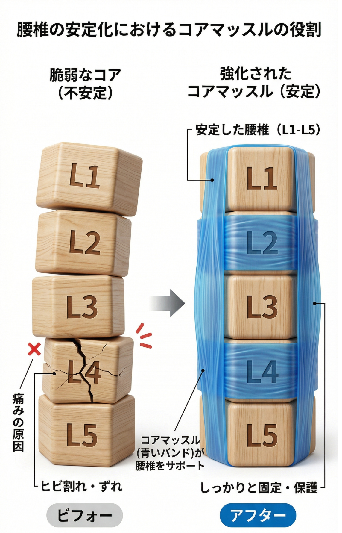 腰椎の安定化におけるコアマッスルの役割の図解