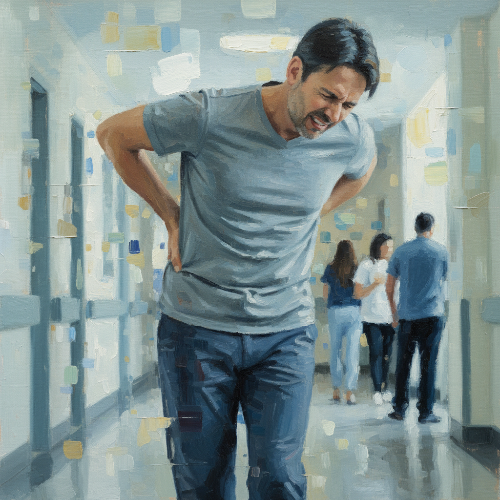 腰痛に苦しみながら歩く患者さん