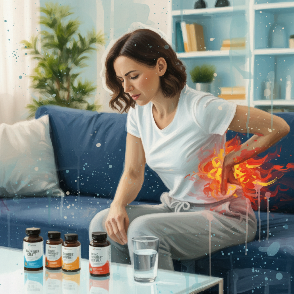 サプリメントを前に座っている坐骨神経痛の患者さん