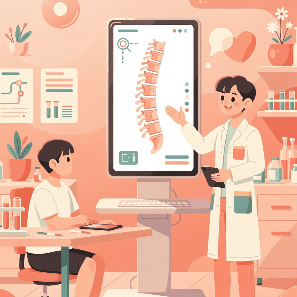 成人変性側湾症の検査結果を聞く患者さん
