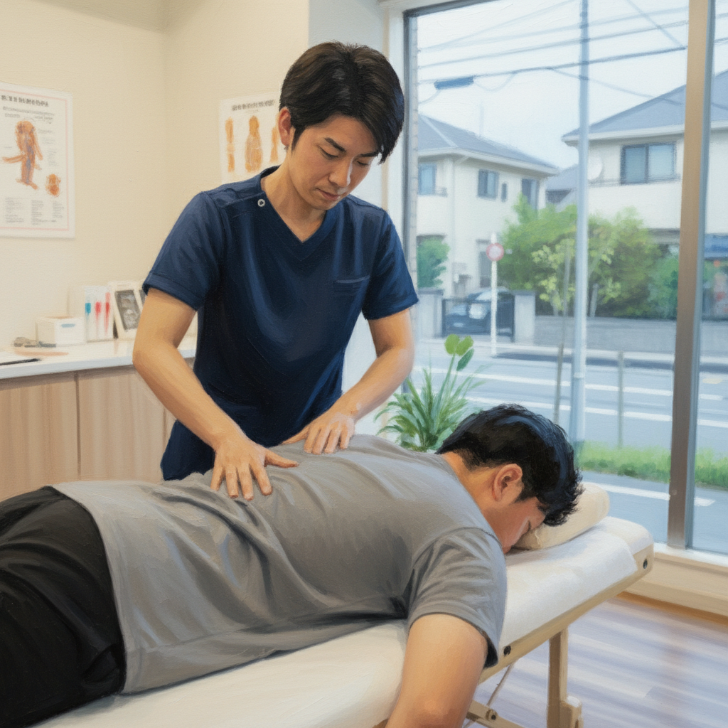 高津駅近くにある接骨院で腰椎椎間板ヘルニアの施術を受ける患者さん