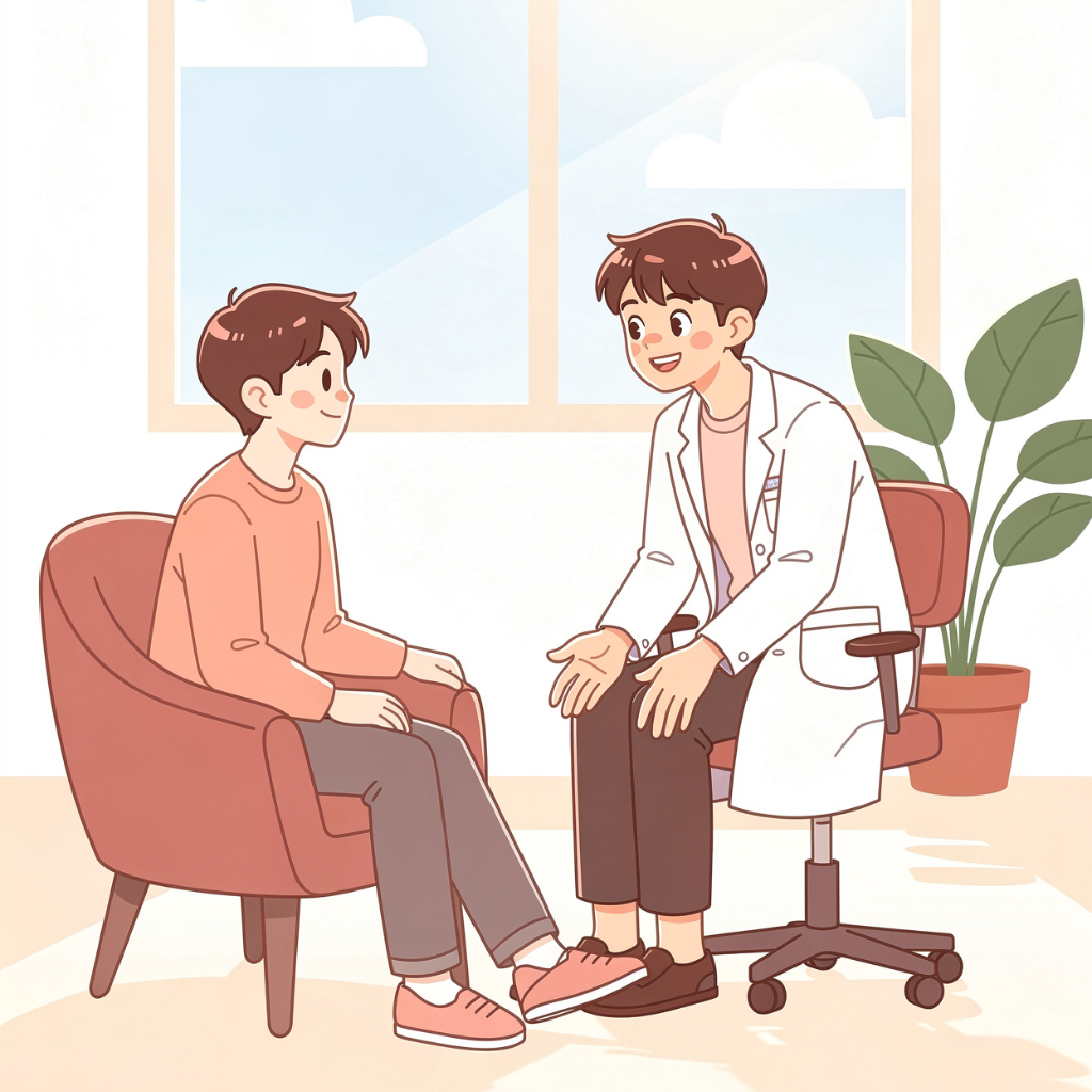 運動療法の手順の説明をきく腰痛患者さん