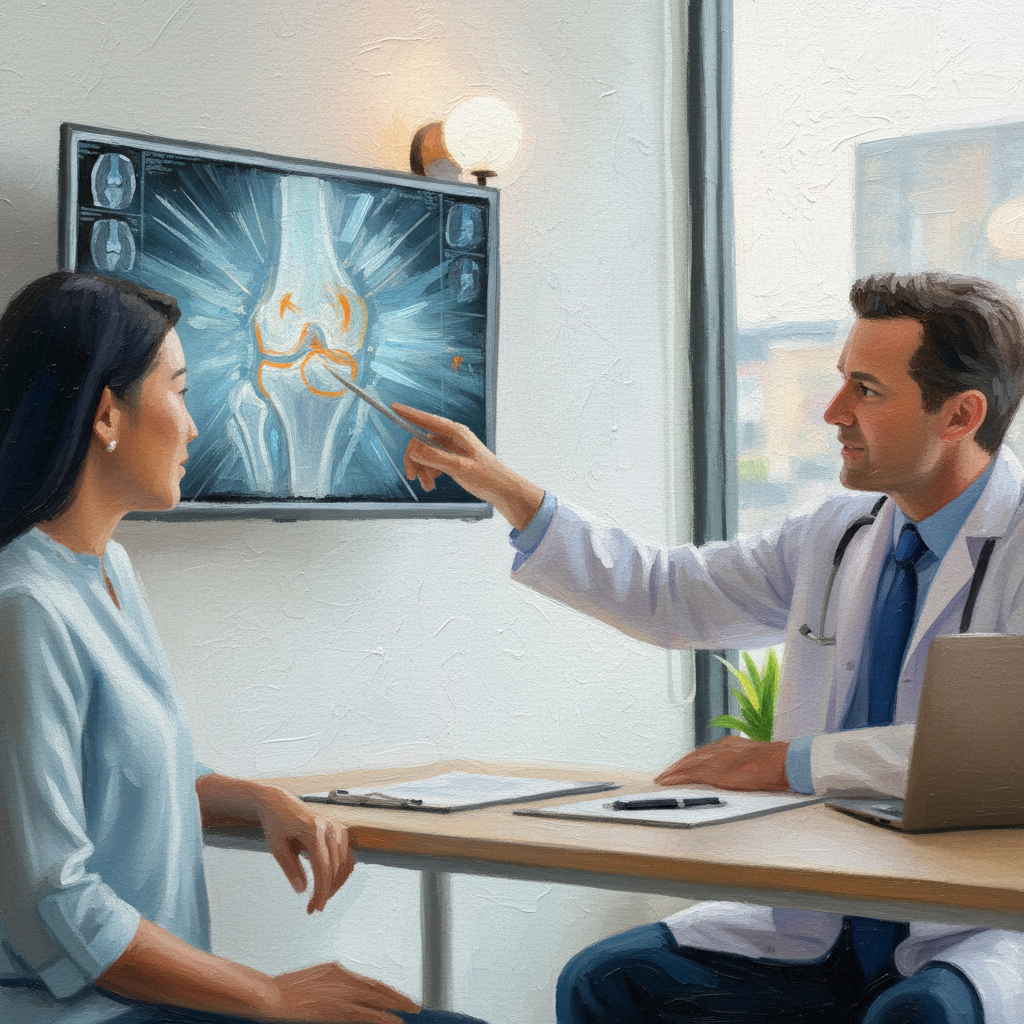 膝のMRI所見の説明を受ける女性