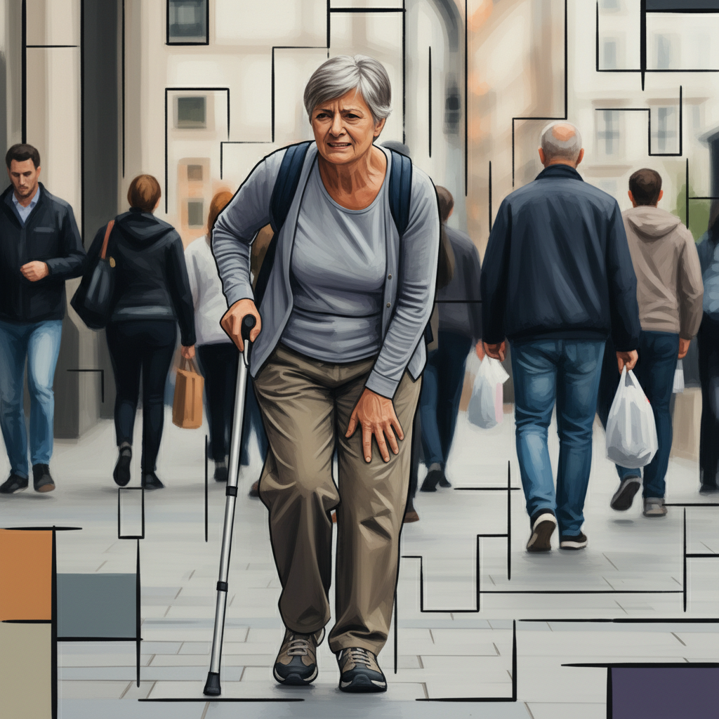 腰椎すべり症で辛そうに歩く患者さん