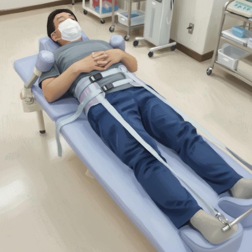 牽引療法を受けている慢性坐骨神経痛の患者さん