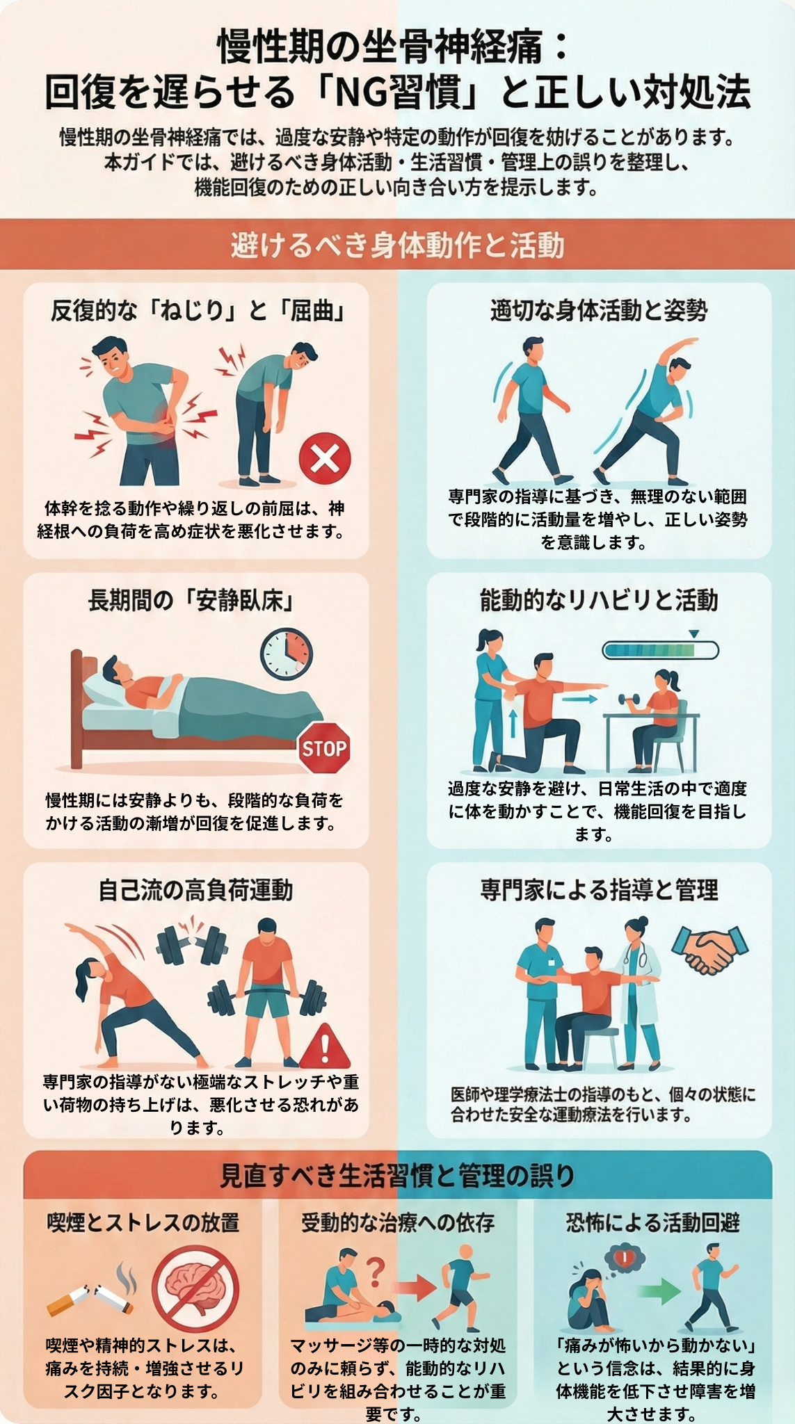 慢性期の坐骨神経痛：回復を遅らせる「NG習慣」と正しい対処法