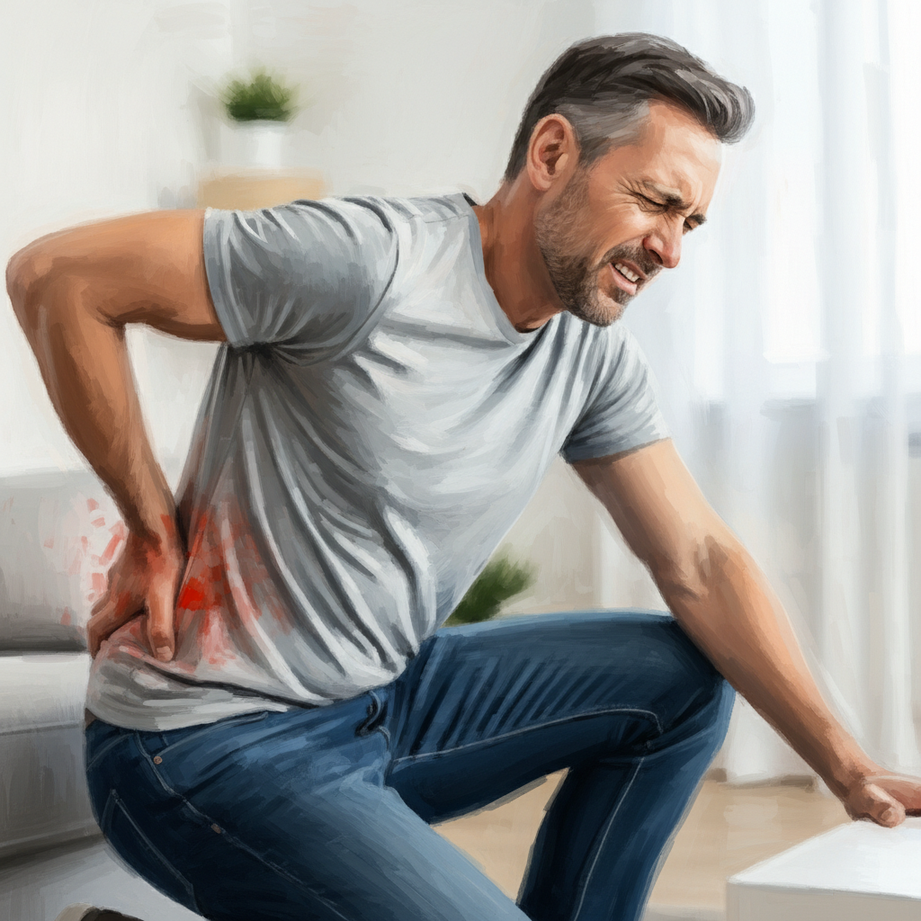 ぎっくり腰で立ち上がるのを苦しんでいる男性