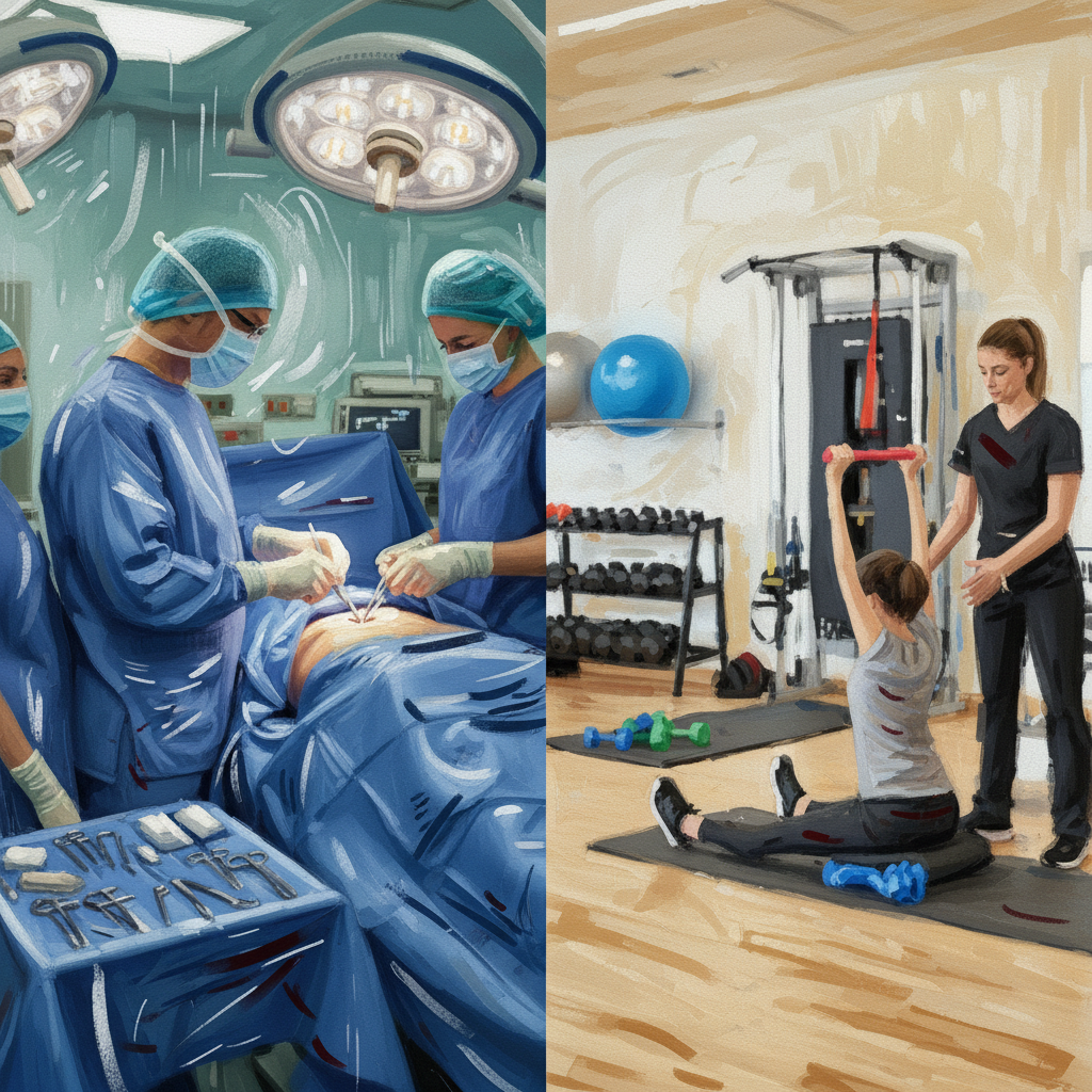 坐骨神経痛で手術を受ける患者さんとリハビリを頑張る坐骨神経痛患者さんの二人