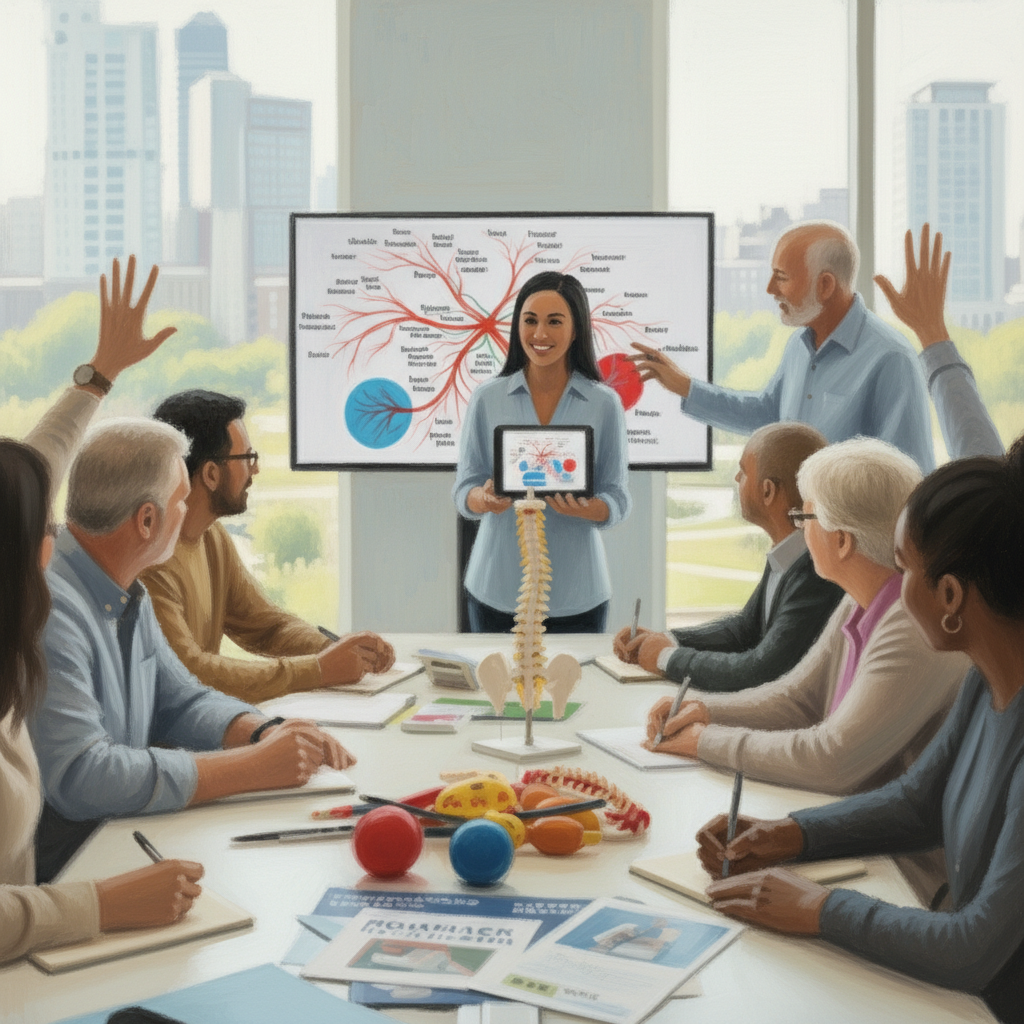 疼痛神経科学教育を受ける慢性腰痛患者さんたちマインドフルネスに取り組む慢性腰痛の患者さん