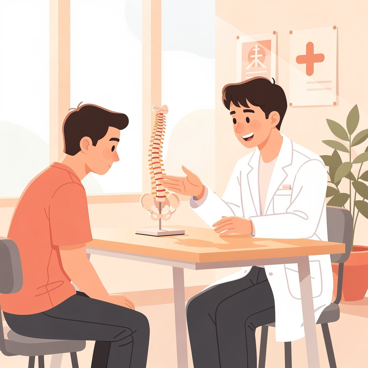 腰部椎間板ヘルニアの患者さんにカウンセリングする医療者