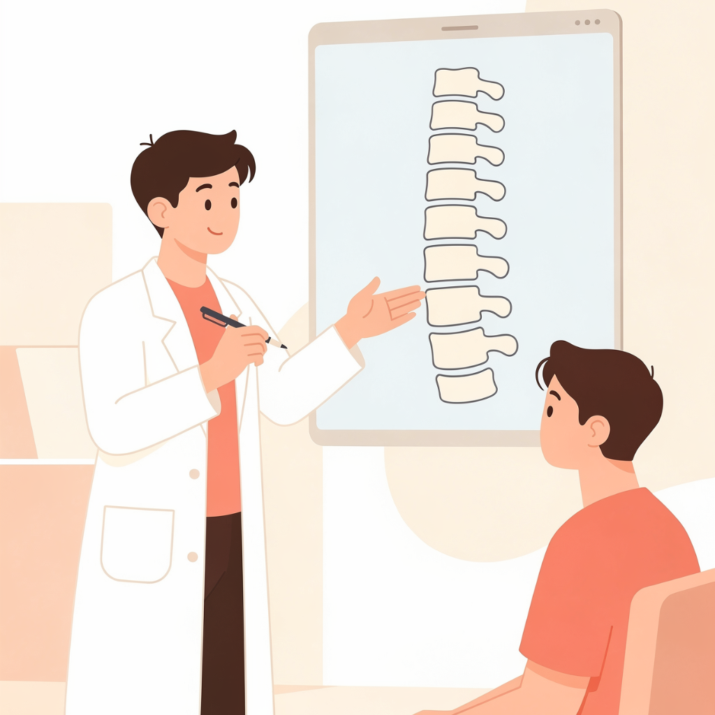 痛みの専門家から説明をうけている坐骨神経痛の患者さん