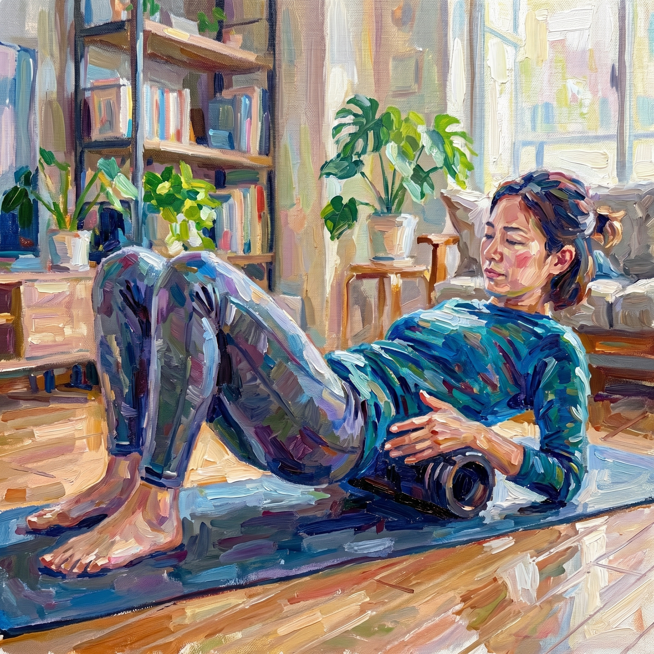 筋筋膜性腰痛でフォームローラーを試す女性