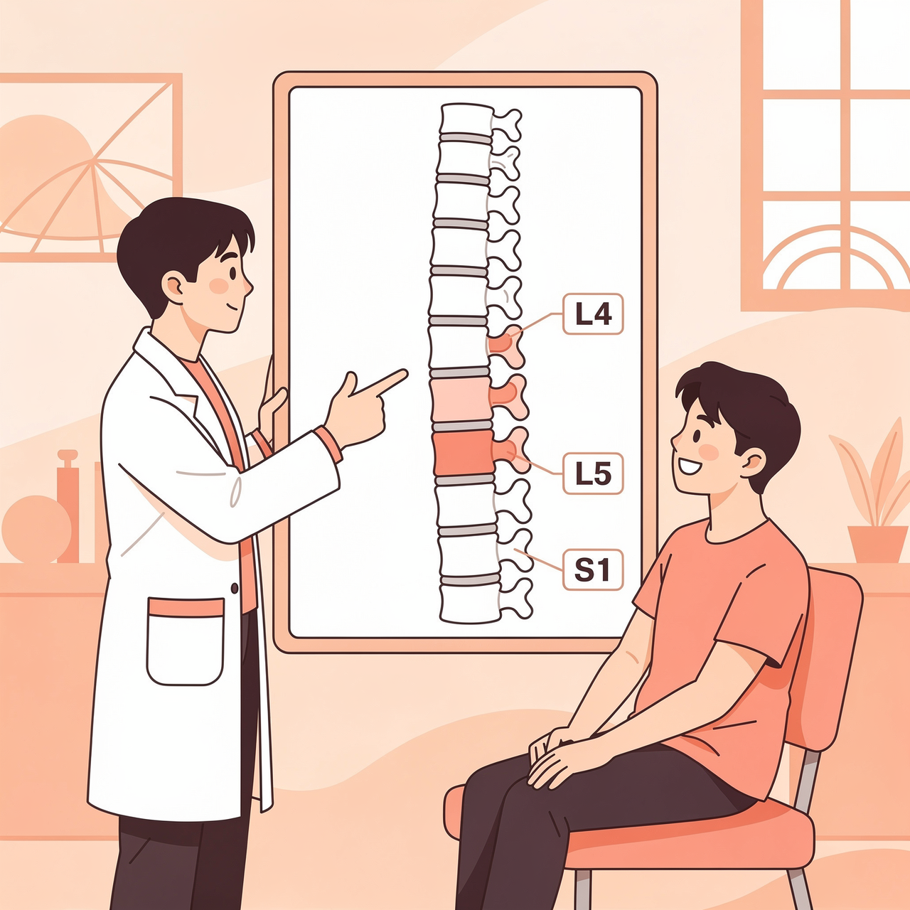 腰椎分離症の青年が外科的治療について説明を受けている