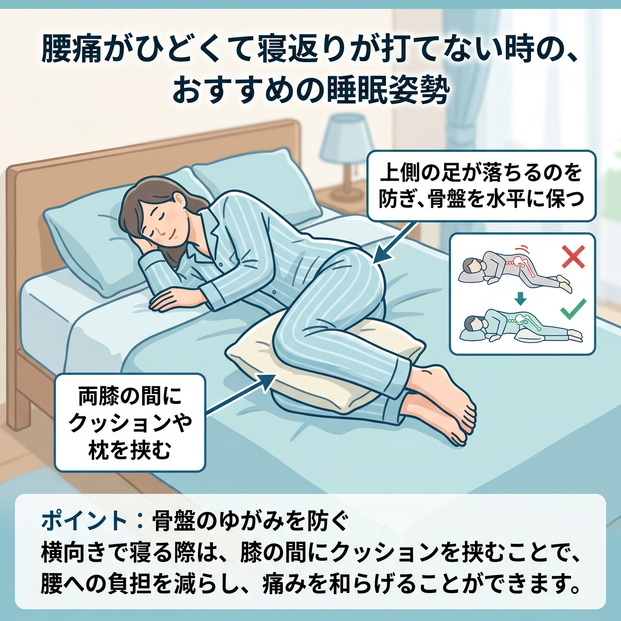 腰が痛い時の寝方：横向き（エビ姿勢）