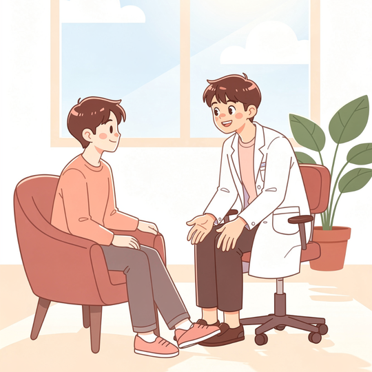 運動療法の手順の説明をきく腰痛患者さん