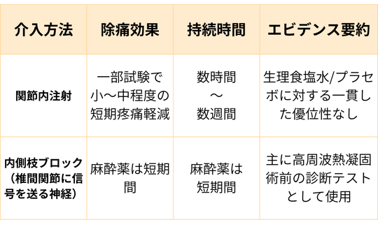 慢性腰痛に対する椎間関節ブロックと内側枝ブロックの効果の一覧表