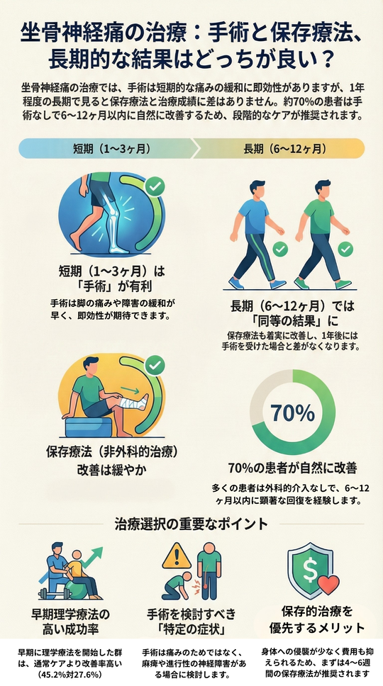 坐骨神経痛における手術と保存療法の長期的な違い