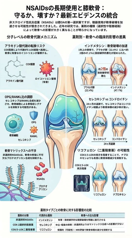 変形性膝関節症：抗炎症薬の長期使用による軟骨への影響