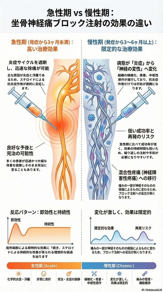 急性期と慢性期での坐骨神経痛ブロック注射の効果の違い