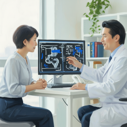 股関節のMRI所見の説明を受ける女性