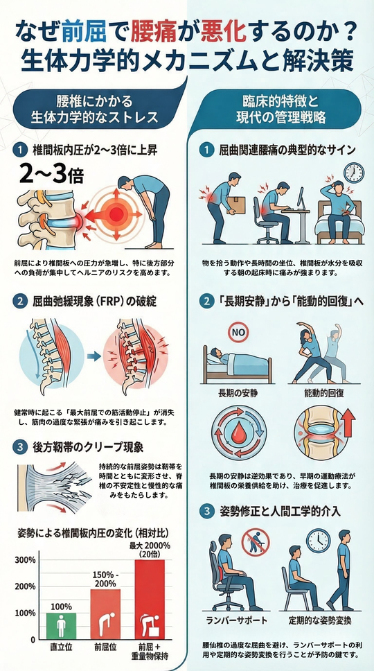 前屈で腰痛が悪化する生体力学的メカニズム