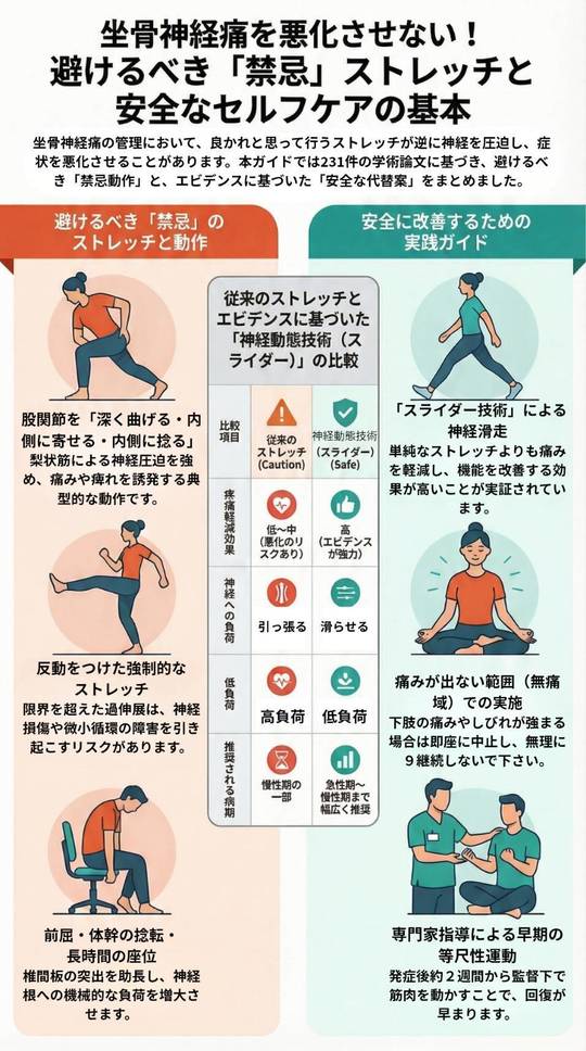 坐骨神経痛を悪化させない！避けるべき「禁忌」」ストレッチと安全なセルフケアの基本