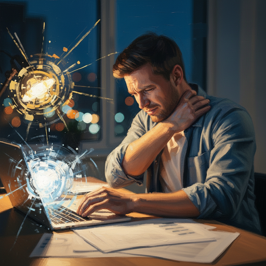 首の痛みに耐えながら働く男性